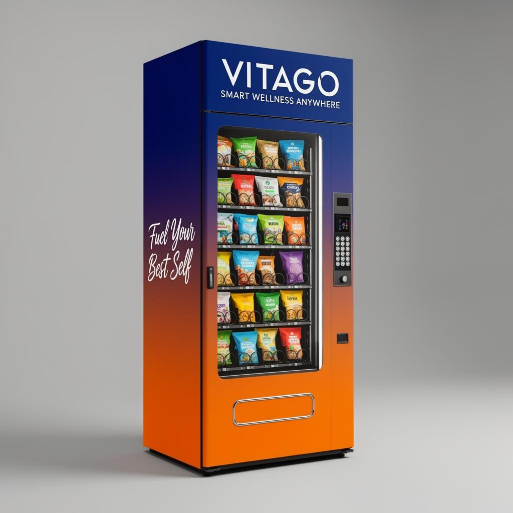 VitaGo vending machine with healthy snacks and a blue-to-orange gradient wrap